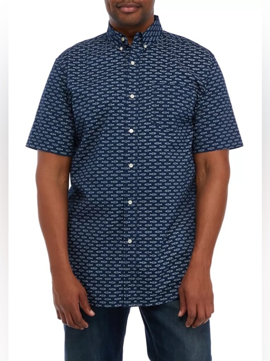 Chaps Other - Chaps Mens Short Sleeve Button Down Casual Shirt Fish Navy and White Medium